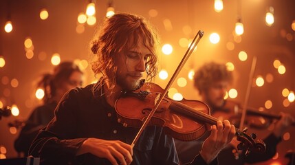 Fototapeta premium Symphony musicians performing on stage in warm ambient lighting, creating a captivating atmosphere