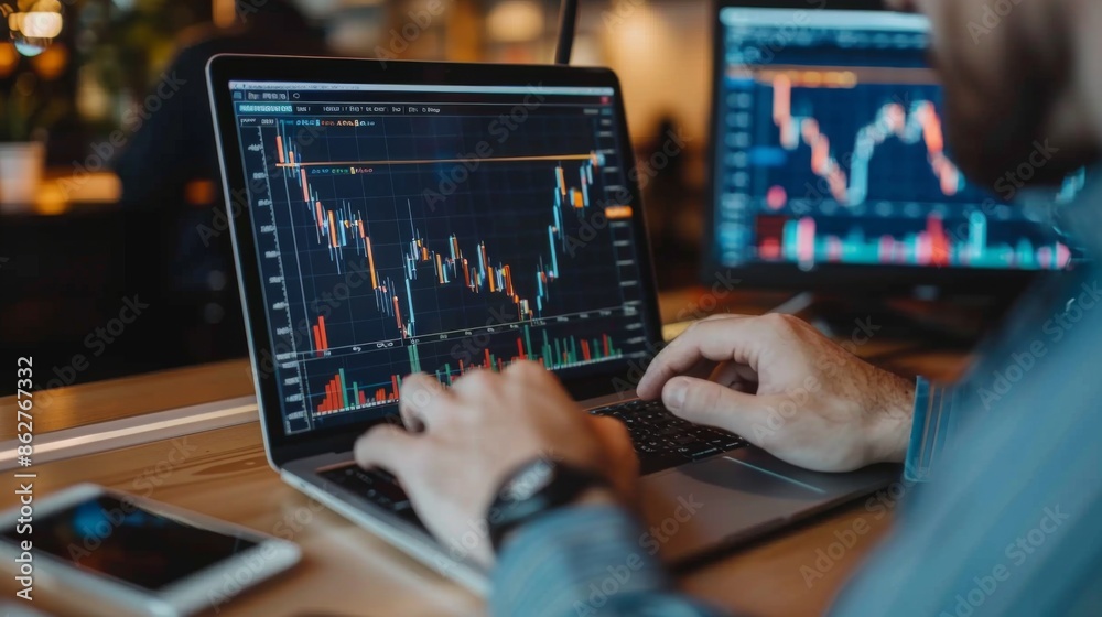 Aufkleber a financial advisor explaining a graph to a client, using a laptop to illustrate market trends and p