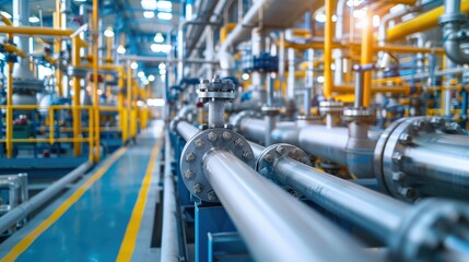 A large industrial plant with pipes and valves. The pipes are yellow and silver. Scene is industrial and mechanical