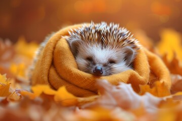Sleeping Hedgehog Curled in Orange Scarf Among Autumn Leaves
