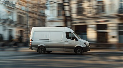 White delivery van driving through an urban street. Side view of a moving white van on a city road. High-speed motion blur effect. Perfect for transportation and delivery themes. AI