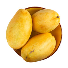 Round bowl with yellow mangoes isolated on white background. Top view.