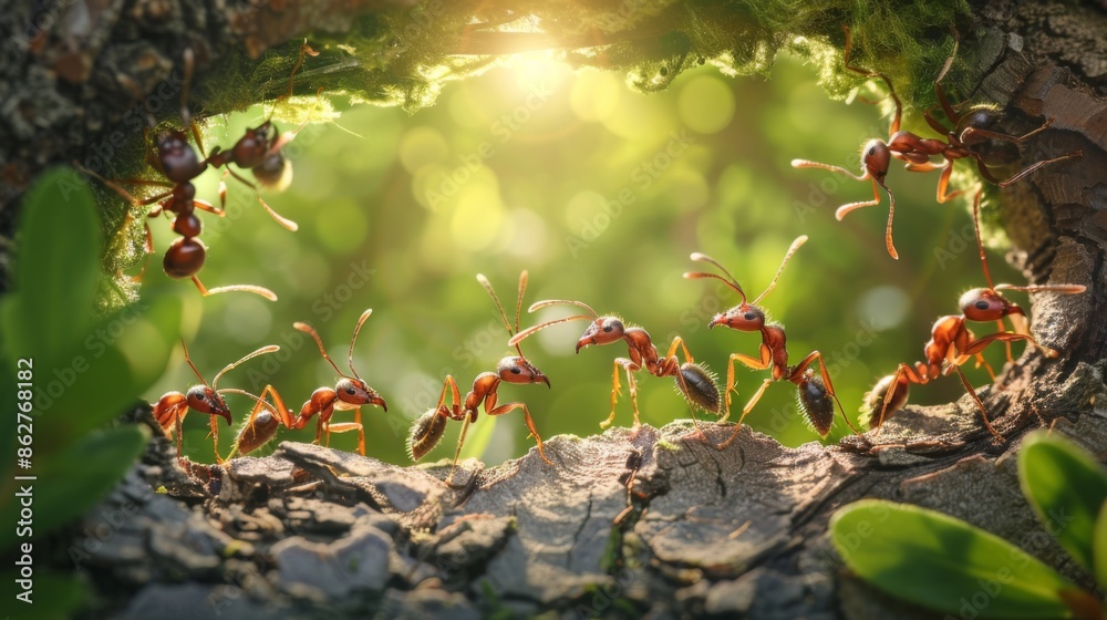 Poster a group of ants working together to build an anthill, highlighting their teamwork and industrious na