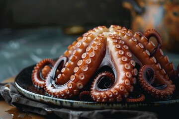 Obraz premium A plate of delicious octopus tentacles, against a dark background 