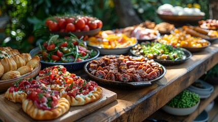 Fototapeta premium Spanish Delights: Tapas, Empanadas, Tortillas, and Pintxos on an Outdoor Wooden Table