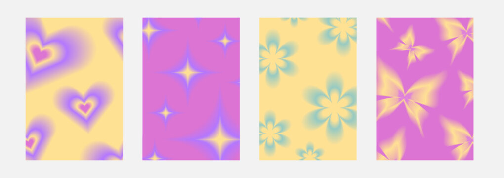 Set brochure y2k aura. Blurred heart, butterfly and stars with aura in trendy style y2k.