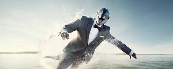 Man In Dolphin Mask Running Through Water