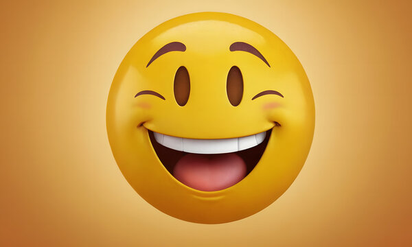 illustration of a smiling round emoji face, yellow face smiling