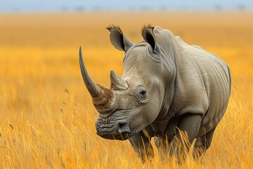 Fototapeta premium A Northern white rhinoceros grazing in a grassy savannah, its massive, grey body and prominent horn highlighted against the golden landscape.