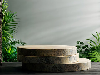 Podium background product forest green display platform wood stone 3d garden rock. Product podium jungle background stage leaf cosmetic nature scene stand presentation mockup tree pedestal plant eco