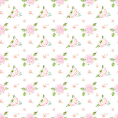 Seamless pattern of pink gentle roses, hand drawn in watercolor pink flowers for design, colorful flowers. Red, pink, yellow, blue, print on fabric and paper. Design of packaging, wrapping, etc.