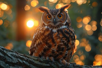 Great Horned Owl Perched on Branch During Golden Hour