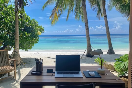 Fototapeta Window see beach furniture computer outdoors.