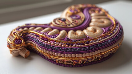 Dive into stomach's structure 3D Picture stomach a vibrant pink the rugae in shades of purple and the gastric glands in golden yellow Arrange this detailed stomach model against a clean white canvas
