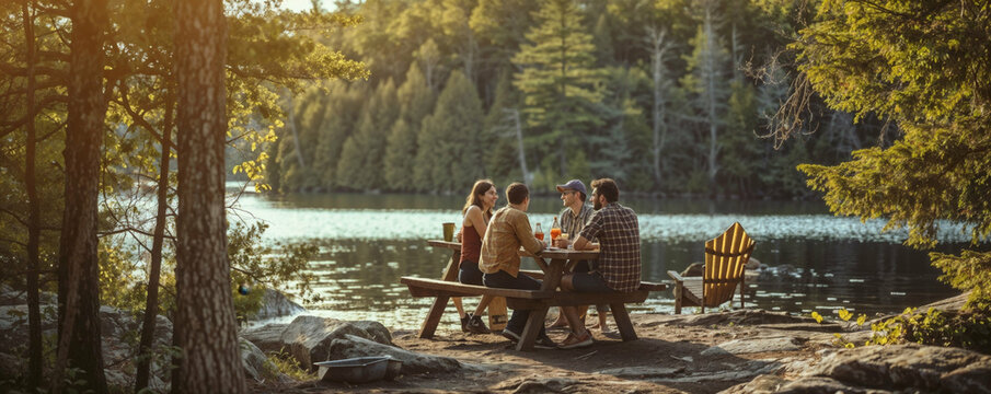 Group of friends sitting around table near picturesque lake on summer evening, chatting, eating and enjoying their time together.
