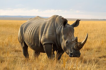 Fototapeta premium A Northern white rhinoceros grazing in a grassy savannah, its massive, grey body and prominent horn highlighted against the golden landscape.
