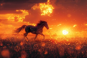 Black Horse Running Through Field at Sunset