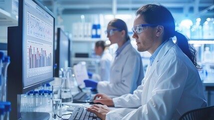 Scientists conducting research in a modern laboratory utilizing computer technology and advanced equipment for scientific analysis.