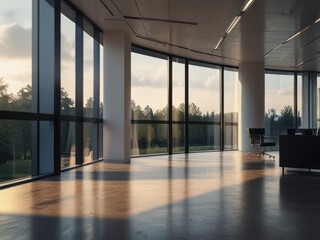 Modern empty office space with panoramic windows and natural light. Concept of corporate, business, workspace, and architecture.