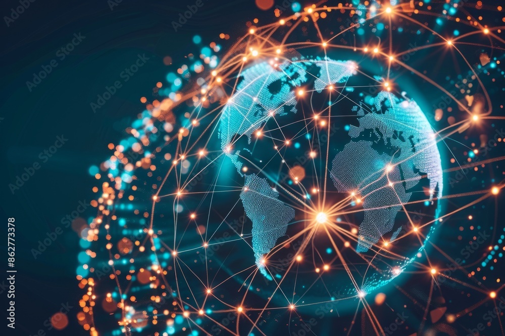 Wall mural planet earth with illuminated network symbolizing global communication and information technology