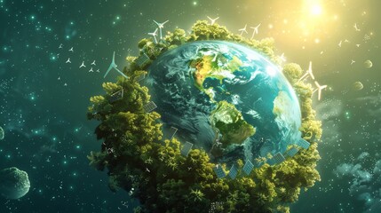 Fototapeta premium Sustainable Earth with Renewable Energy in Cosmic Setting
