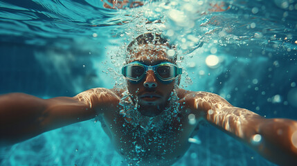 Naklejka premium A man wearing swimming goggles moves through the water, showing strong movements and a focus on technique. His smooth movements and concentration create a harmonious scene of physical activity.