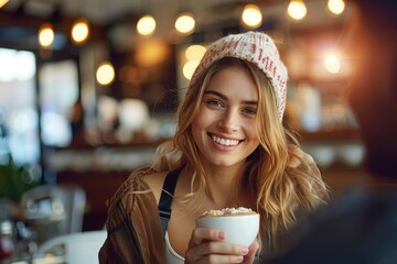 A young woman with a bright smile enjoys a hot beverage in a warm, cozy cafe, with soft lighting, comfortable ambiance, and a cheerful atmosphere around her.