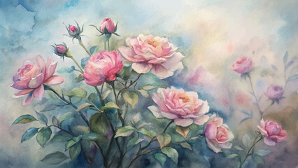 Tranquil wild rose bush watercolor background