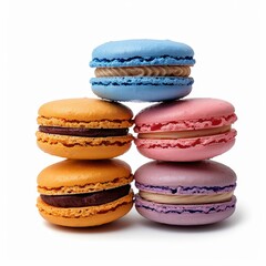A stack of four different colored macarons