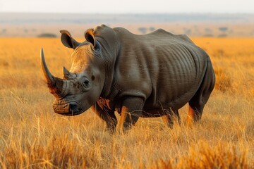 A Northern white rhinoceros grazing in a grassy savannah, its massive, grey body and prominent horn highlighted against the golden landscape.