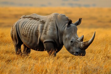 A Northern white rhinoceros grazing in a grassy savannah, its massive, grey body and prominent horn highlighted against the golden landscape.