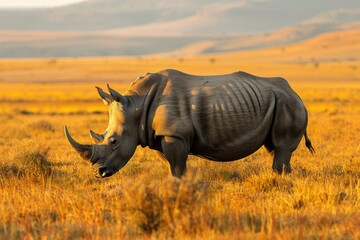 Fototapeta premium A Northern white rhinoceros grazing in a grassy savannah, its massive, grey body and prominent horn highlighted against the golden landscape.
