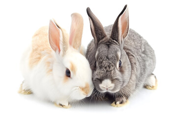 Obraz premium Two rabbits are standing next to each other, one is white and the other is gray