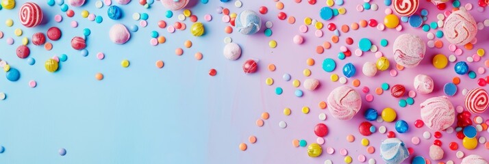 Birthday concept. Colorful assorted sweet candies on background, banner, top view
