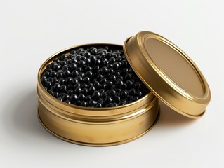 A tin of caviar is shown with a gold lid