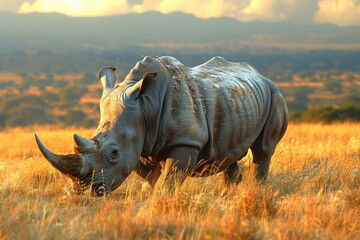 Fototapeta premium A Northern white rhinoceros grazing in a grassy savannah, its massive, grey body and prominent horn highlighted against the golden landscape.