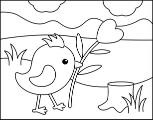 Coloring page. Nestling with flower on the lawn. Black and white bird. Vector