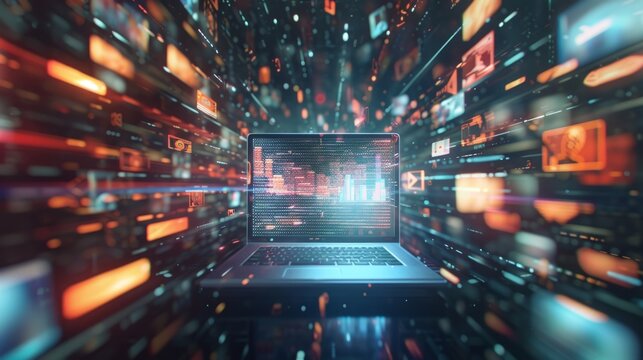 Laptop displaying data and images is enveloped by a flow of digital information