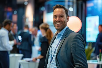 Fototapeta premium A smiling businessman engages in friendly banter with software developers and tech industry leaders at a digital innovation conference, exuding fostering genuine connections.