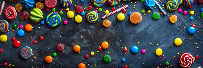 Birthday concept. Colorful assorted sweet candies on background, banner, top view