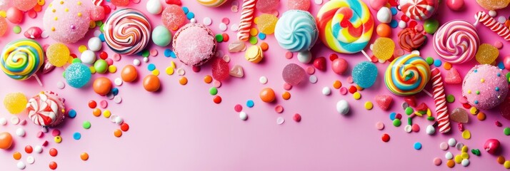 Birthday concept. Colorful assorted sweet candies on background, banner, top view