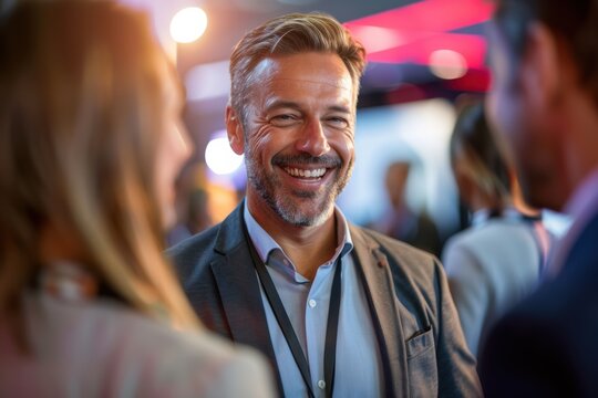 A smiling businessman engages in friendly banter with software developers and tech industry leaders at a digital innovation conference, exuding fostering genuine connections.