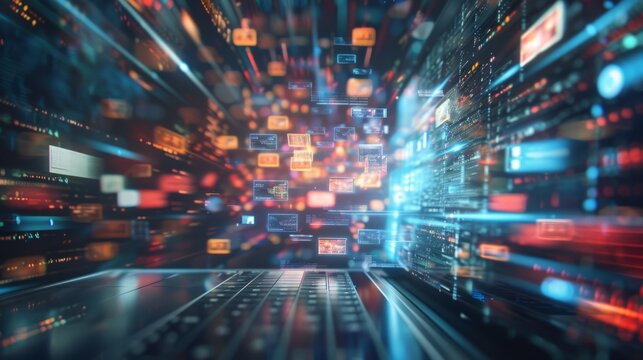 Futuristic data stream emanating from a laptop with several open windows