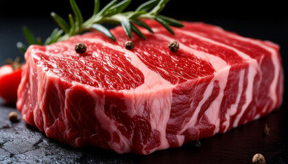 Raw Wagyu steak set against sleek black background. Premium quality. Delicious food. Close-up.