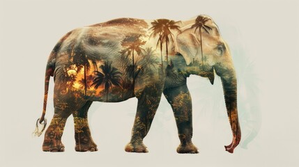 Obraz premium Double exposure of an elephant and tropical landscape, blending wildlife with nature in a stunning artistic composition.