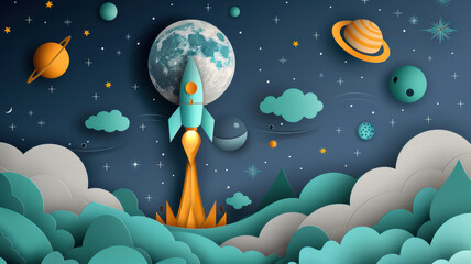 Paper Cut Style Rocket to the Moon