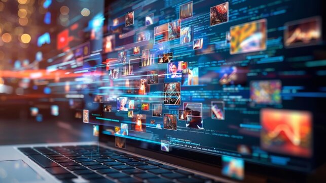 Laptop streaming images with programming code in the background, representing the concept of digital data