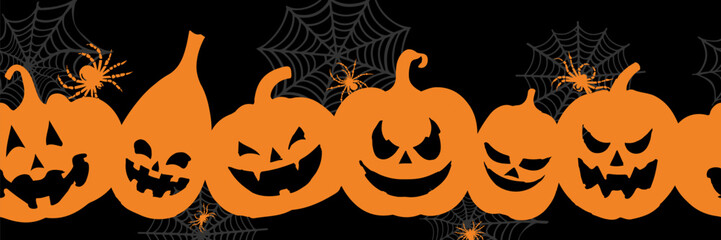 Orange on black pumpkins silhouette Halloween banner background with Jack o lantern and spider web