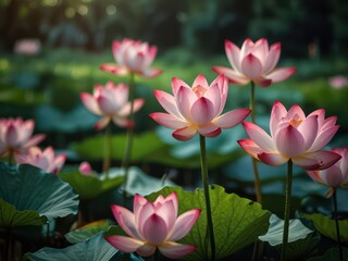 Obraz premium Beautiful pink lotus flowers blooming in a pond with green leaves. Concept of nature, beauty, peace, and serenity
