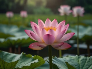 Fototapeta premium Beautiful pink lotus flower blooming in a pond, serene nature background. Concept of peace, beauty, zen, and spirituality